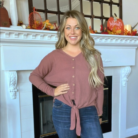 SHEIN Tops - SHEIN Pink Thermal Knit Long Sleeve Tie Front Tee Sz M